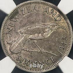 Nouvelle-Zélande. 1942, 6 Pence, Argent NGC XF45 KGVI, Oiseau Huia, Date Clé