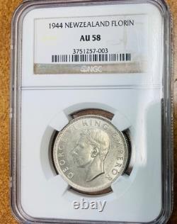 Nouvelle-Zélande 1944 Florin KM10 pièce en argent date clé NGC AU58