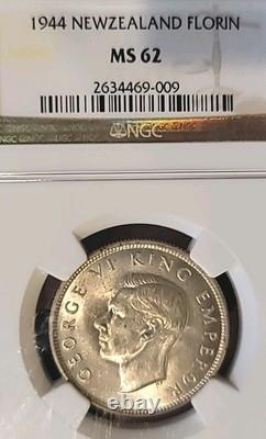 Nouvelle-Zélande 1944 Florin Rare Superb Gem Date Clé Faible Tirage NGC 62PQ LJ