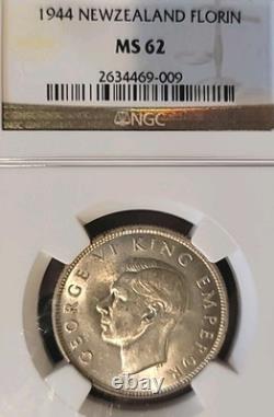 Nouvelle-Zélande 1944 Florin Rare Superb Gem Date Clé Faible Tirage NGC 62PQ LJ