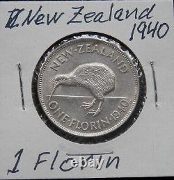 Nouvelle-Zélande, Rare, 1 Florin 1940 Abt Unc, Km # 10.1, Pièce en argent de collection, Lot # 247