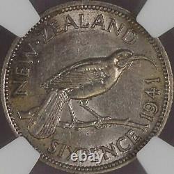 Nouvelle-zélande. 1941, 6 Pence, Argent Ngc Au58 Kgvi, Kiwi, Date Clé, Top 10