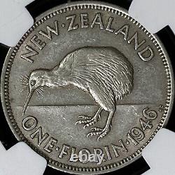 Nouvelle-zélande. 1946, Florin, Argent Ngc Au50 Kgvi, Kiwi, Flat-back, Rare