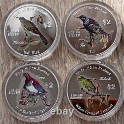 Oiseaux de Nouvelle-Zélande ensemble de quatre pièces en argent 1 oz 2 dollars Îles Cook 2005