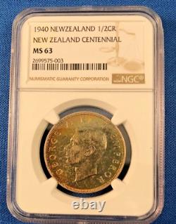 PRIX RÉDUIT ! 1940 Nouvelle-Zélande CENT Demi Couronne KM-14, NGC MS63 tonifié arc-en-ciel PRIX RÉDUIT ! 1940 Nouvelle-Zélande CENT Demi Couronne KM-14, NGC MS63 tonifié arc-en-ciel