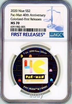 Pac-man 40e Anniversaire 2020 Niue 1 Oz Coine Silver 2 $ Ngc Ms 70 Fr Colorisé