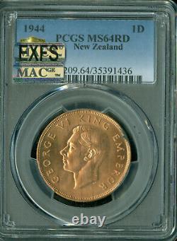 Penny de Nouvelle-Zélande 1944 Pcgs Mac Ms64 Rouge Pq Exfs Exceptionnel 1er Coup