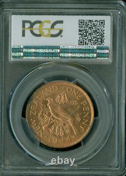 Penny de Nouvelle-Zélande 1944 Pcgs Mac Ms64 Rouge Pq Exfs Exceptionnel 1er Coup