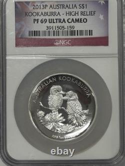 Perth Mint 2013 Australie 1 $ Kookaburra haut relief preuve 1 oz argent NGC PF69