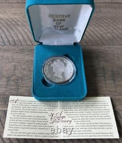 Pièce commémorative en argent proof de 5 $ de Nouvelle-Zélande 1996 De Heemskerck Abel Tasman avec boîte et certificat d’authenticité, patinée
