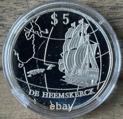 Pièce commémorative en argent proof de 5 $ de Nouvelle-Zélande 1996 De Heemskerck Abel Tasman avec boîte et certificat d’authenticité, patinée