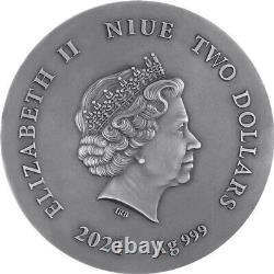 Pièce d'argent de 1 once Niue 2021 à relief élevé, finition antique, représentant deux loups, d'une valeur de 2 dollars.