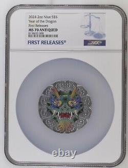 Pièce de monnaie en argent Mandala Art SilverDragon de 2 oz de Niue 2024 avec cristal Swarovski NGC MS70 FR