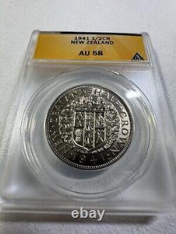 Pièce de monnaie en argent de 1/2 couronne de Nouvelle-Zélande de 1941 évaluée AU 58 par ANACS Faible tirage