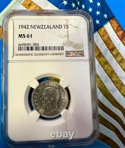 Pièce de monnaie en argent de 1 shilling de Nouvelle-Zélande 1942 notée MS61 par NGC, rare et difficile à trouver, belle.