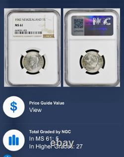 Pièce de monnaie en argent de 1 shilling de Nouvelle-Zélande 1942 notée MS61 par NGC, rare et difficile à trouver, belle.