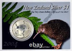 Pièce de monnaie spécimen de un dollar en argent de Nouvelle-Zélande 2004 représentant le petit kiwi tacheté.
