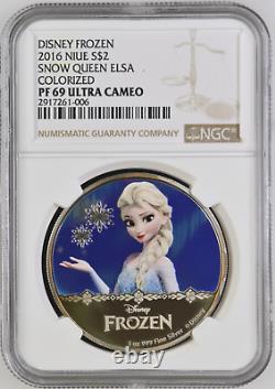 Pièce en argent 999 de 2016 Niue de 2 $ Disney Frozen Snow Queen Elsa Ngc Pf69 Uc