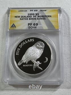 Pièce en argent Proof de 5 $ de Nouvelle-Zélande de 1999 - Hibou Morepork noté PR 69 DCAM par ANACS