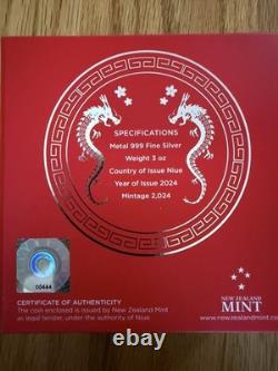 Pièce en argent colorisée de 3 oz, finition Belle Épreuve – Année lunaire du Dragon 2024 – New Zealand Mint