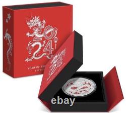 Pièce en argent proof colorisée de 3 oz, Année lunaire du Dragon 2024 de la New Zealand Mint