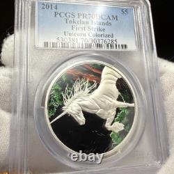 Preuve 2014 5 $ Île Tokelau Licorne Colorisée PCGS FS PR70DCAM 1 de 15 Impeccable Preuve 2014 5 $ Île Tokelau Licorne Colorisée PCGS FS PR70DCAM 1 de 15 Impeccable
