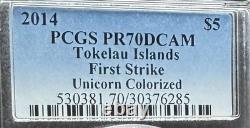 Preuve 2014 5 $ Île Tokelau Licorne Colorisée PCGS FS PR70DCAM 1 de 15 Impeccable