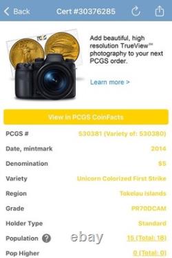 Preuve 2014 5 $ Île Tokelau Licorne Colorisée PCGS FS PR70DCAM 1 de 15 Impeccable