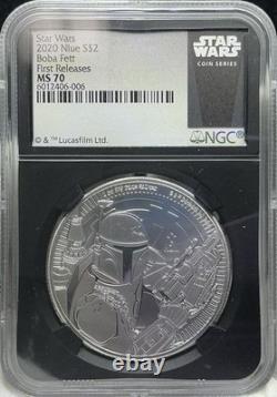 Star Wars BOBA FETT 1 oz. 999 Argent 2020 Premières Émissions Nouvelle-Zélande S$2 NGC MS70